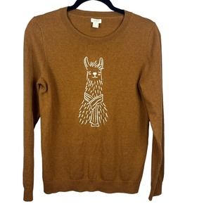 J Crew Sweater Womens Embroidered Llama Novelty Brown Long Sleeve Fall Size M